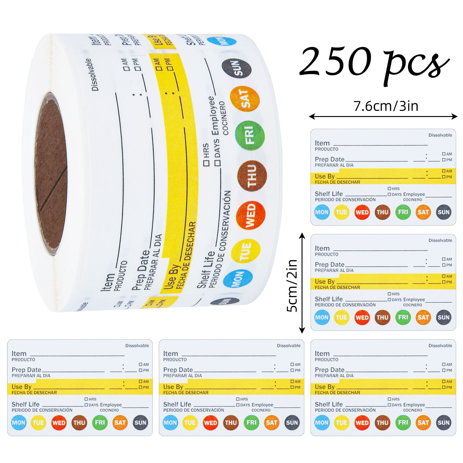 Meal Prep Chef - 250 ชิ้น/ม้วน ป้ายวันที่อาหาร กันน้ำ สติ๊กเกอร์สำหรับเตรียมอาหาร สำหรับภาชนะในครัว
