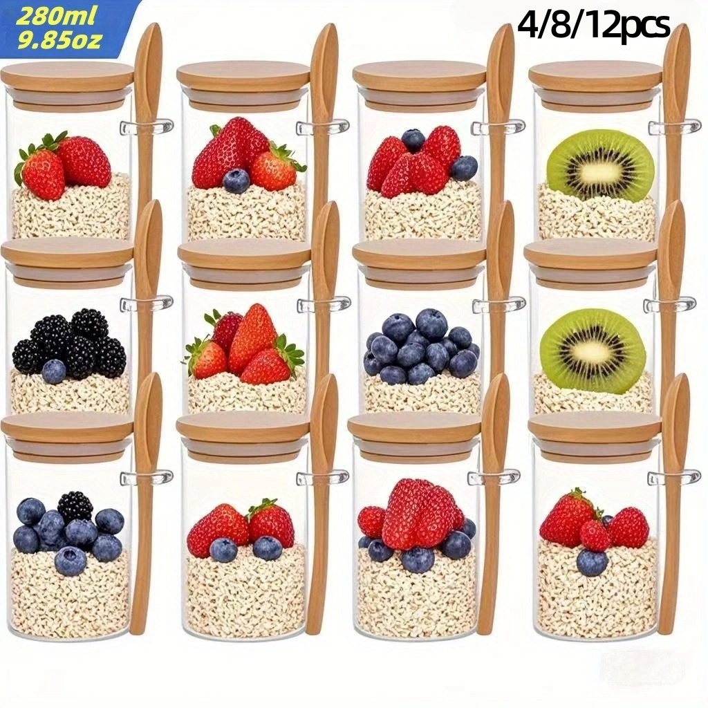 Meal Prep Yogurt Containers - 4/8/12 ชิ้น, ถ้วยอาหารเช้าข้าวโอ๊ตพร้อมฝาปิด (9.85 ออนซ์/280 มล.),