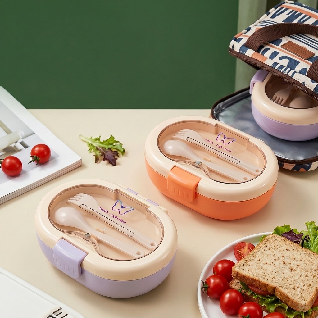 Meal Prep Meal Ideas - กล่องข้าวพลาสติกพกพาสำหรับเด็กนักเรียน ป้องกันการรั่วซึม มีช่องแบ่งอาหาร พร้อมฝาปิด ช้อนส้อม และกล่องใส่น้ำจิ้ม