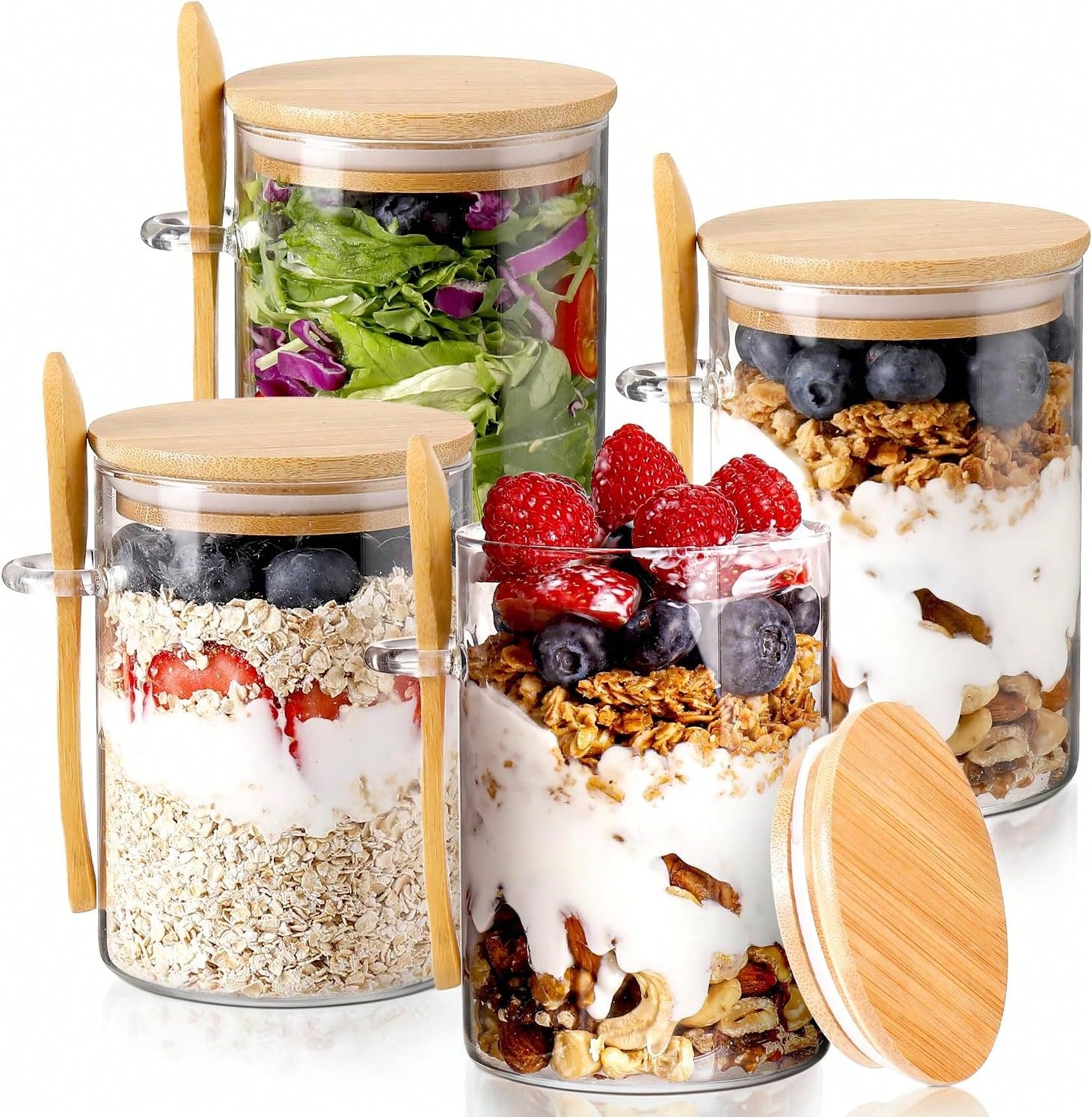 Meal Prep Overnight Oats - ชุด 4 ชิ้น โหลแก้วสำหรับเก็บอาหารแบบทันสมัย พร้อมฝาปิดไม้ไผ่ที่ปิดสนิทและช้อน ที่วางช้อน
