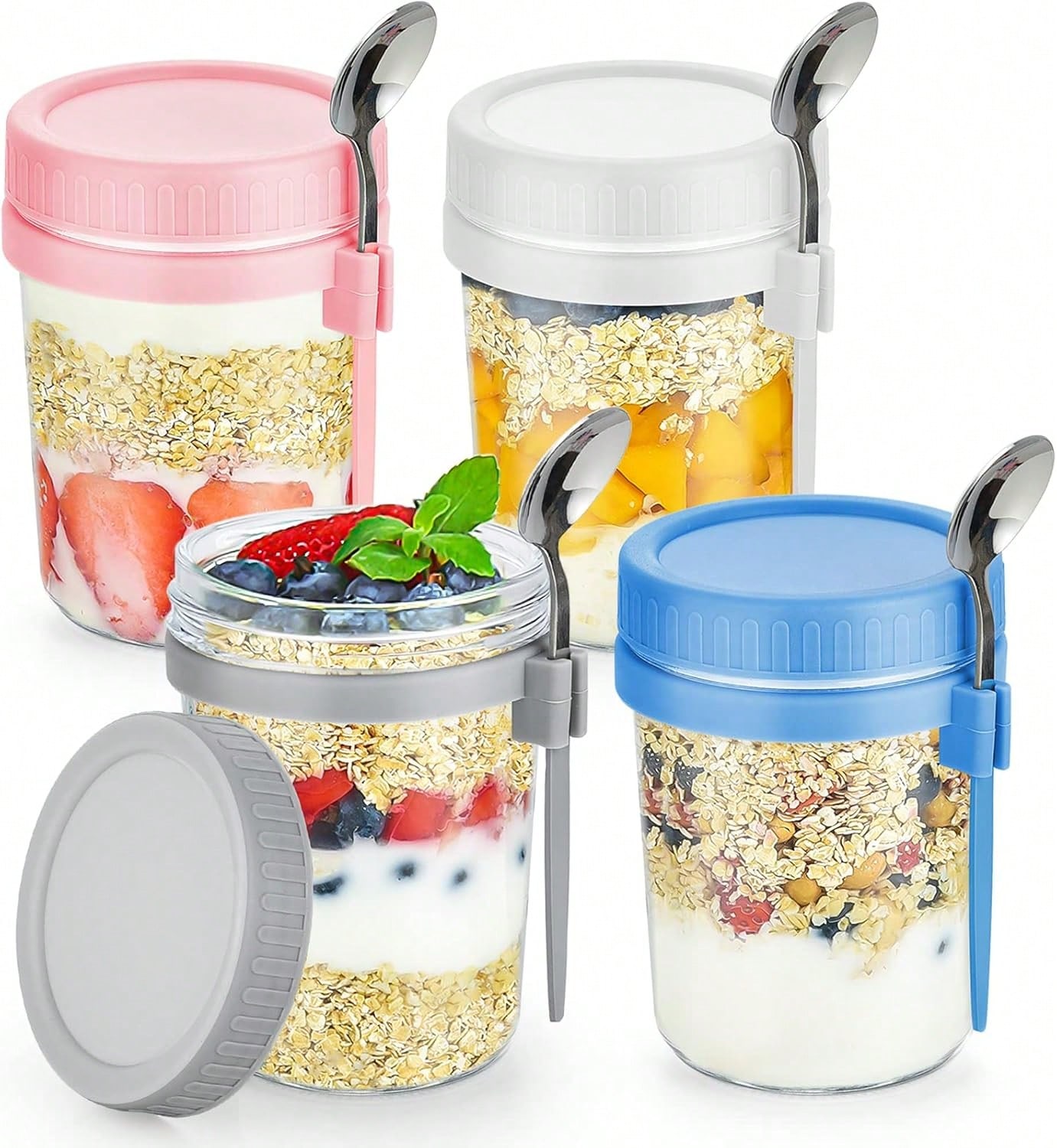 Meal Prep Overnight Oats - ชุดภาชนะแก้วสำหรับโอเวอร์ไนท์โอ๊ต 4 ชิ้น พร้อมฝาปิดและช้อน ขนาด 16