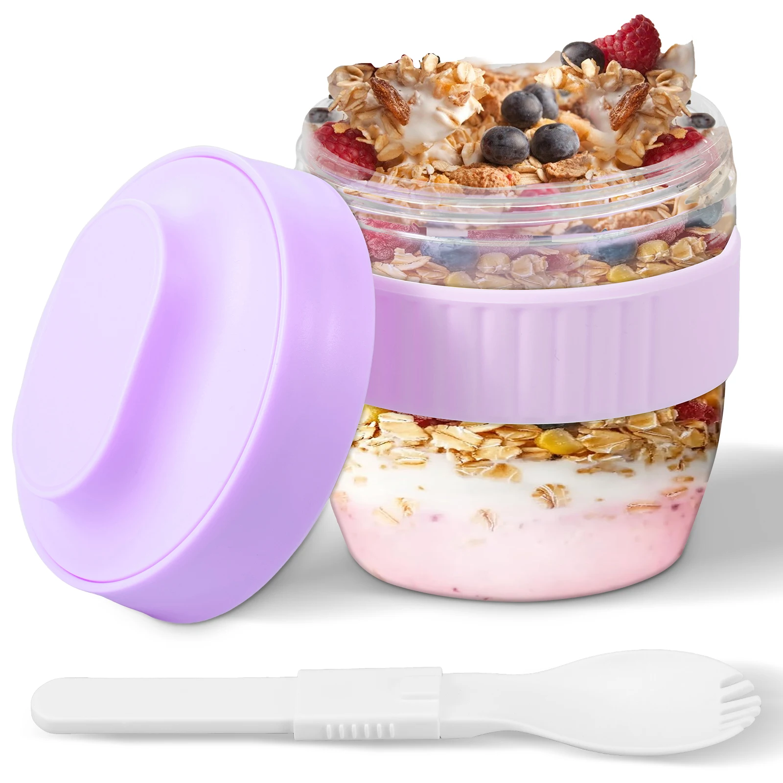 Meal Prep Overnight Oats - ภาชนะใส่ข้าวโอ๊ตแบบสองชั้นพร้อมฝาปิดและช้อน ภาชนะใส่ข้าวโอ๊ตแบบใช้ซ้ำได้ ป้องกันการรั่วซึม สำหรับใส่ข้าวโอ๊ต โยเกิร์ต