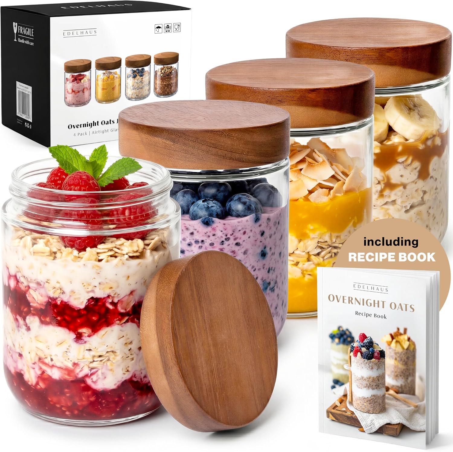 Meal Prep Overnight Oats - ขวดแก้วสำหรับเตรียมอาหารขนาด 16 ออนซ์ พร้อมฝาปิดอะคาเซียกันอากาศเข้า - เหมาะสำหรับโอเวอร์ไนท์โอ๊ตส์,