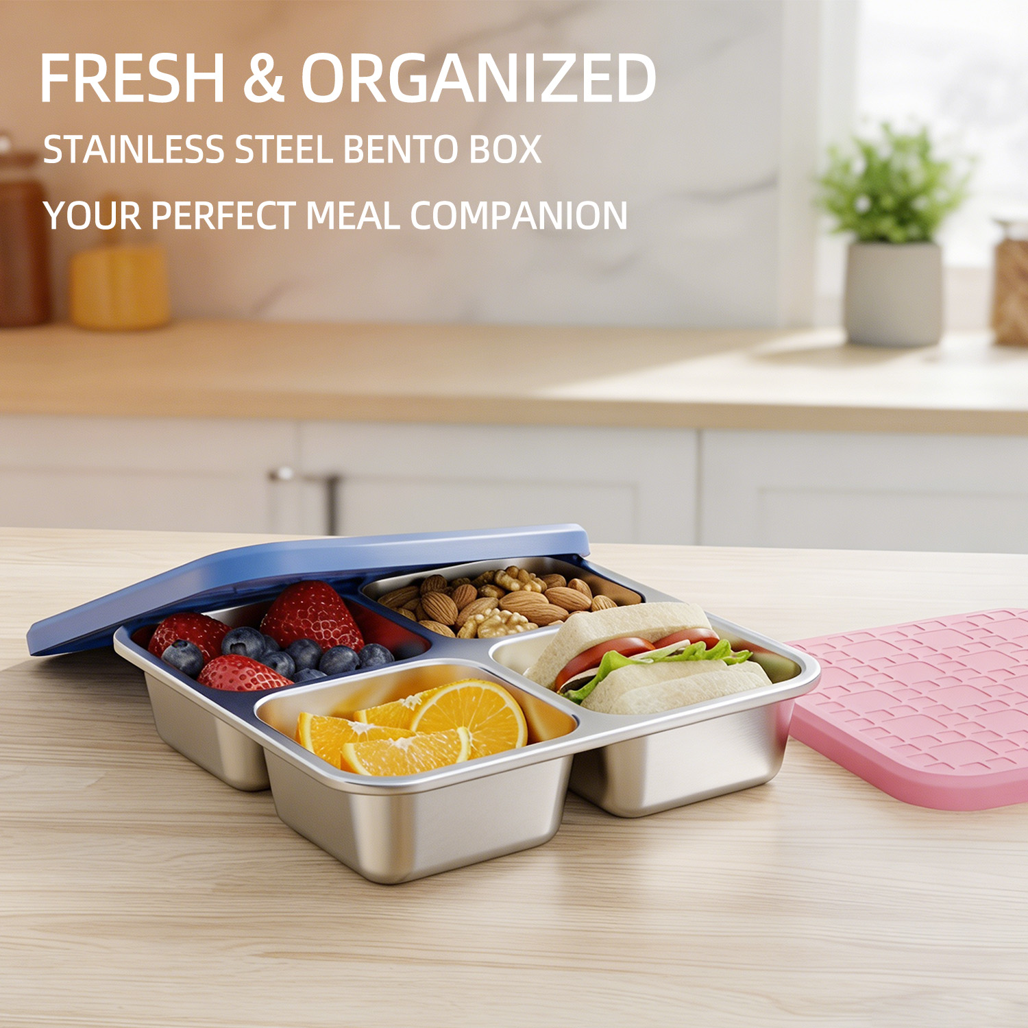 Meal Prep Lunch - กล่องอาหารกลางวันสแตนเลส 304 แบบแบ่ง 4 ช่อง พร้อมฝาซิลิโคนกันรั่ว