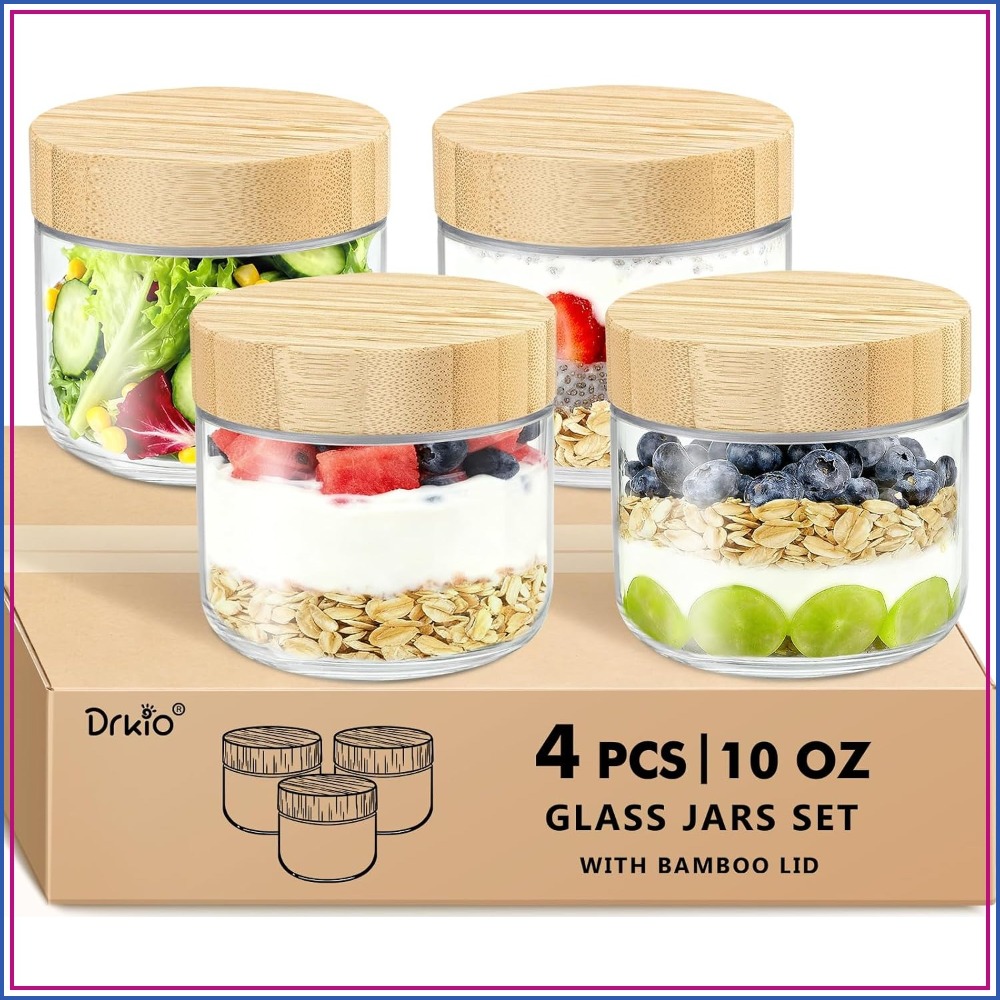 Meal Prep Overnight Oats - ภาชนะใส่โอ๊ตมีลแบบค้างคืนขนาด 10 ออนซ์ พร้อมฝาไม้ไผ่ - ชุด